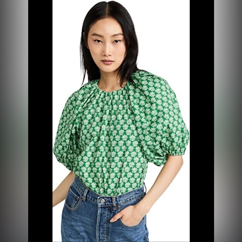 RHODE Rowan Puff Sleeve Top Resort Green Floral Print Cotton Medium